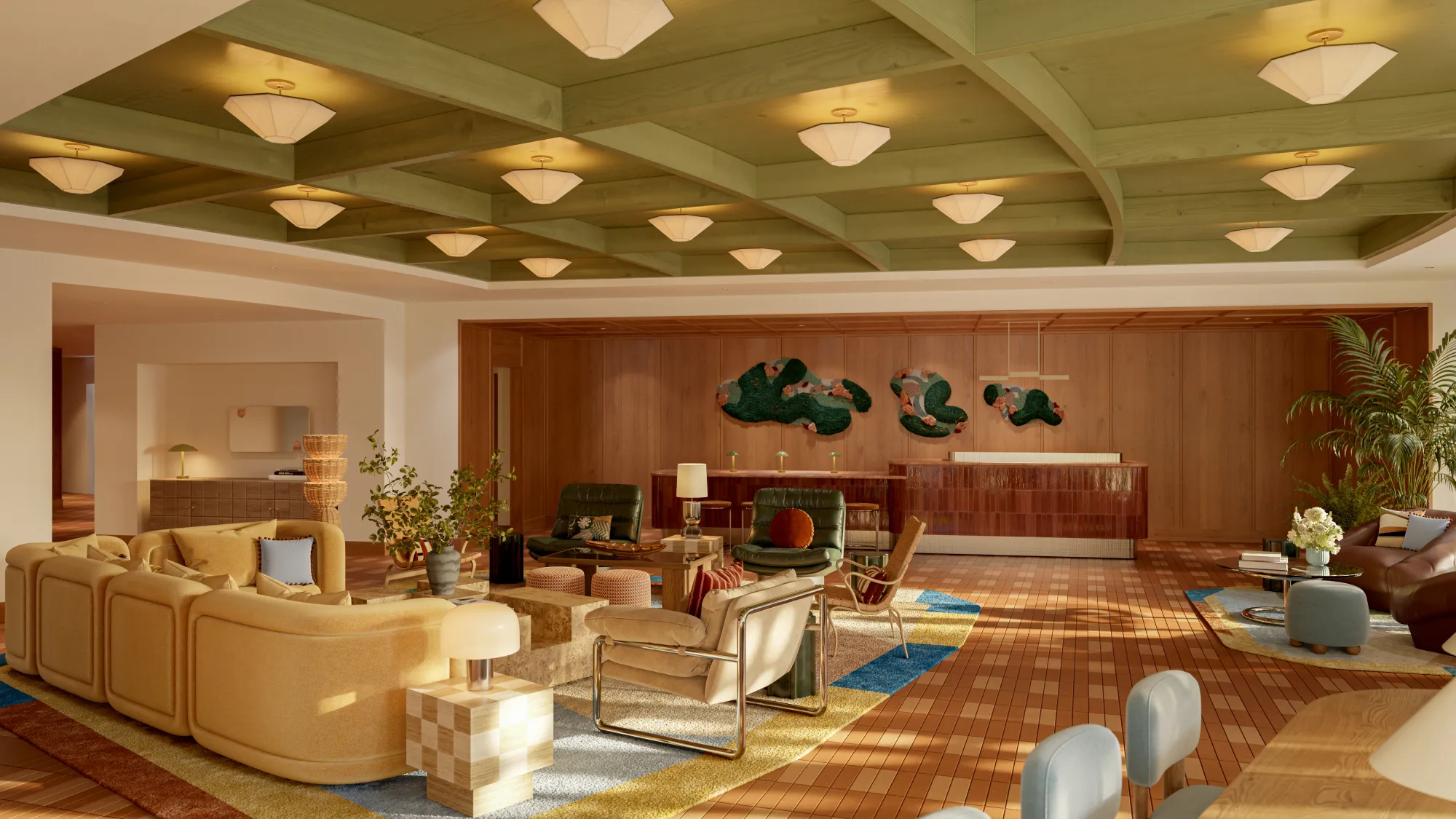 The curved mid-century lobby of Hotel Indigo Raleigh Downtown